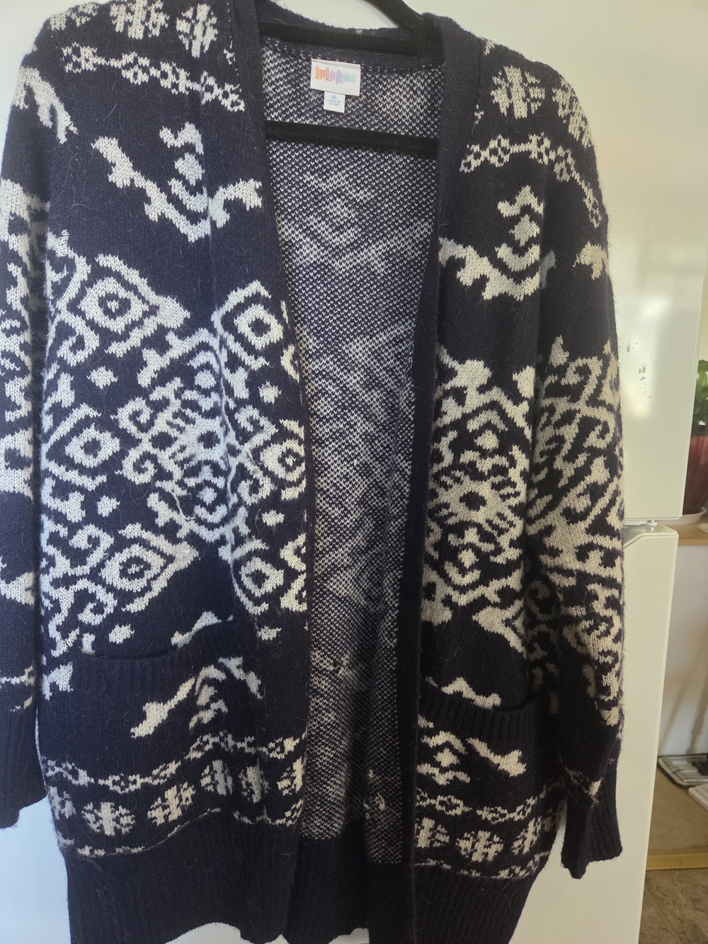 LuLaRoe Navy and Cream Geometric Open-Front Cardigan